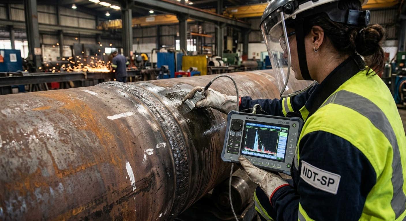 Técnico realizando ensaio de ultrassom em equipamento industrial
